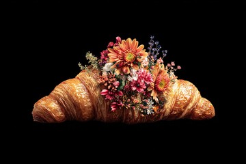 Delicious appetizing bread croissant with beautiful flowers. Exotic food. Image for designers, marketers and IT. Popular illustration, object. Sphere of trade, economy, sales.