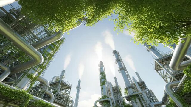 low-angle view of vast industrial complex with metal pipes and towers intertwined with vibrant green foliage Chimneys emit white smoke under bright sunny sky framed by tree leaves