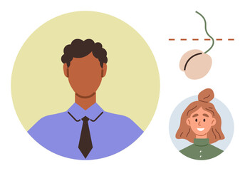 Male and female profile icons with casual expressions and hairstyles paired with a computer mouse. Ideal for user avatars, social media, communication, technology, teamwork, remote work, personal