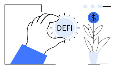 Hand holding circular DeFi token with glowing effect. Potted plant growing a dollar sign. Ideal for blockchain, decentralized finance, investment, innovation, growth, technology economy. Minimal