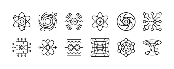 Vector art of science and technology icons representing atoms, galaxies, energy, circuits, and abstract concepts