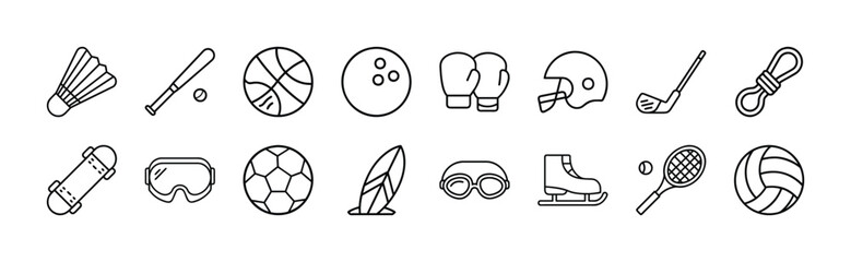 Vector art of collection of sport icons, including badminton shuttlecock, baseball bat, basketball, bowling ball, boxing gloves, helmet, golf club, rope, skateboard, goggles, soccer ball