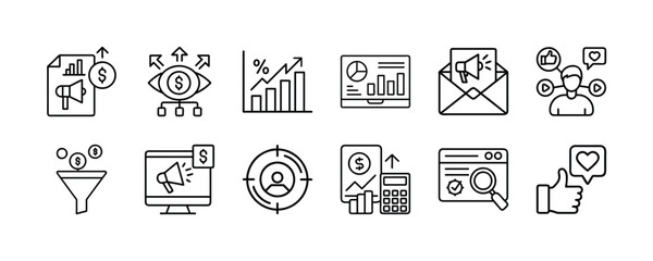Vector art of set of marketing and business icons, including analytics, advertising, lead generation, and customer engagement