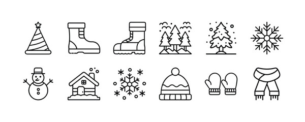 Vector art of winter icons collection featuring a party hat, boots, trees, christmas tree, snowflake, snowman, house, hat, mittens, and scarf