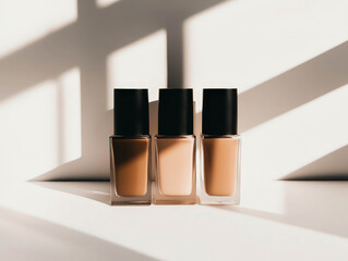 Bottles of liquid foundation displayed in natural light with dramatic shadows in a bright setting, highlighting diverse skin tones and textures