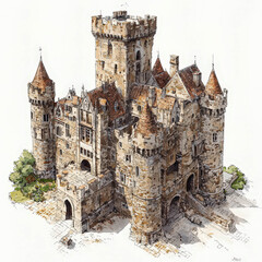 Impressive medieval castle with towers and intricate architecture situated in a lush green landscape, inviting exploration and adventure in a whimsical fantasy world