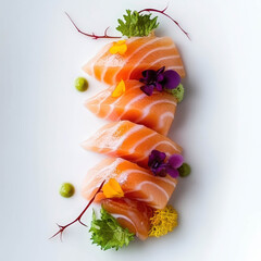 Sliced salmon sashimi with edible flowers and wasabi arranged beautifully on a white plate, showcasing the vibrant colors and fresh ingredients at a sushi restaurant during lunch hour