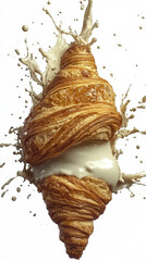 Delicious croissant with creamy filling splashes milk in a dynamic display of flavor and texture capturing the essence of breakfast in an artistic composition