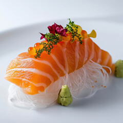 Sushi delicacy showcasing vibrant salmon on a bed of delicate noodles with garnishes in an elegant setting during dinner time