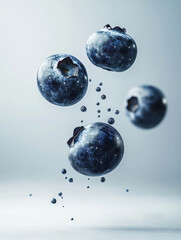 Floating blueberries captured in mid-air create a stunning visual of fresh fruit against a soft blue background, highlighting their natural beauty and texture