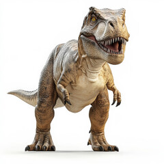 Realistic depiction of a Tyrannosaurus rex standing proudly against a plain background, showcasing its powerful stance, detailed texture, and fierce expression, typical of prehistoric giants