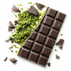 Delicious dark chocolate bar with green matcha powder and broken pieces scattered on a white surface, captured under bright light showcasing the textures and colors of the sweet treat