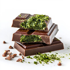 Delicious chocolate bars with a unique green filling on a clean white surface ready to delight taste buds at any time of day