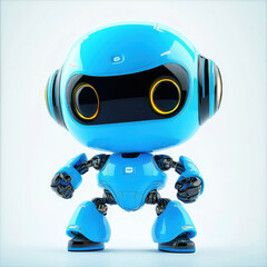 Bright blue robot with a friendly appearance stands confidently against a light background, showcasing its playful design and modern technology features during a presentation