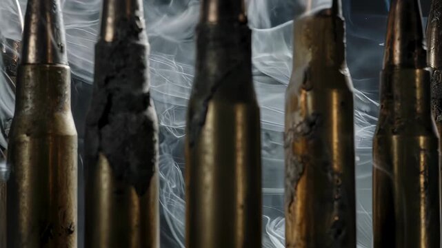 Six spent bullet casings against a smoky dark backdrop. Some casings show evidence of discharge