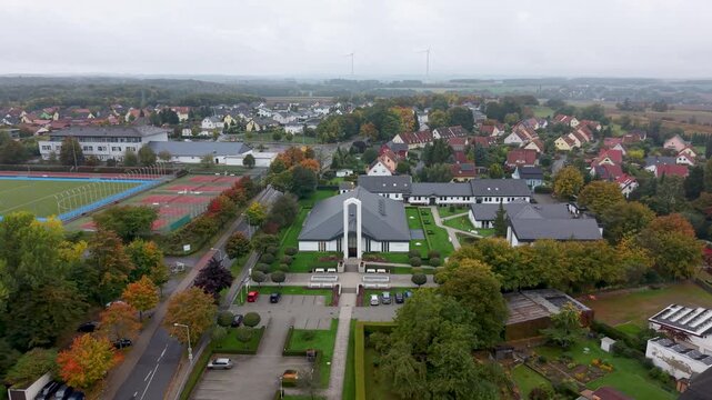 Aerial Freiberg Germany LDS Temple front circle 1. The Church of Jesus Christ of Latter-day Saints, LDS or Mormon religion. Urban rural neighborhood. Christian religious groups, Europe.