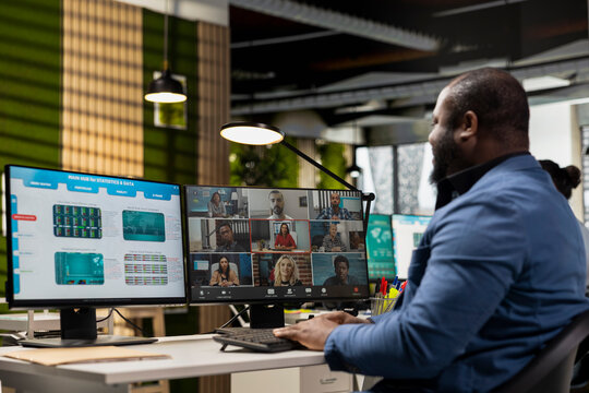 Black businessman meets on online call event to discuss project development with the shareholders, developing a fruitful partnership. Web chat video conferencing for innovation. - Powered by Adobe