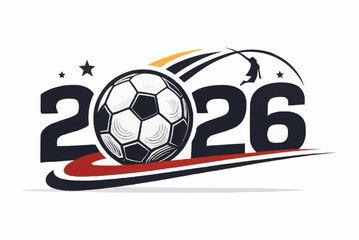 A soccer ball and the year two thousand and twenty six with a soccer player kicking the ball design