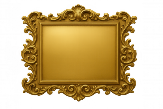 Ornate gold gilded frame with intricate antique rococo style carving, isolated on transparent background