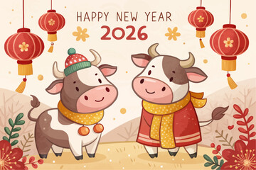 Fototapeta premium Cartoon happy new year 2026 illustration with cute cows, lanterns, flowers and festive decorations