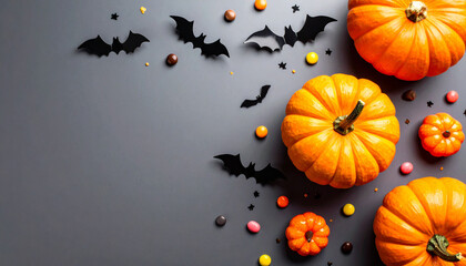 Overhead view of pumpkins bats and candies arranged on a gray background for halloween decoration