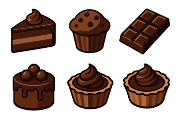 Chocolate dessert and sweet food icon set. Colorful cartoon symbols of confectionery