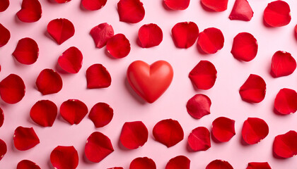 Red heart surrounded by scattered red rose petals on a light pink background viewed from above flat lay