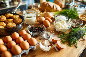 Culinary flat lay featuring cracked eggs, peppercorns, flour, milk, fresh dill, green onions, and breaded meatballs in pan
