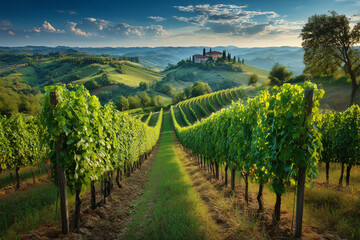 Vineyard Landscape at Sunset with Rows of Green Grapevines and Distant Villa among Rolling Hills
