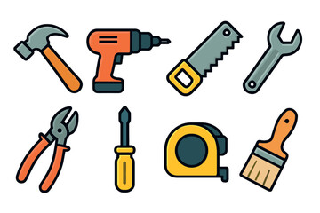 Hand tools and workshop equipment icon set. Colorful symbols of DIY and repair