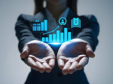 Business professional presenting financial growth and data visualization