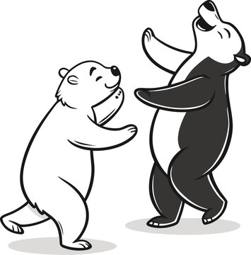 Playful silhouette bears dancing joyfully together on white circles isolated on transparent background