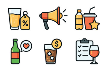Beverage promotion and bar marketing icon set. Colorful symbols of drink specials