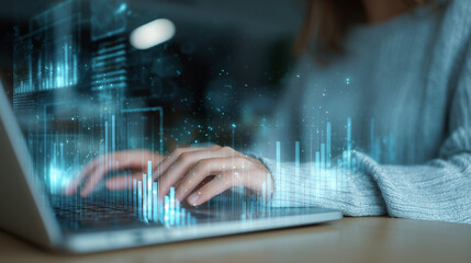 Close-up of woman typing on laptop with holographic data charts and analytics graphics overlay, futuristic technology concept