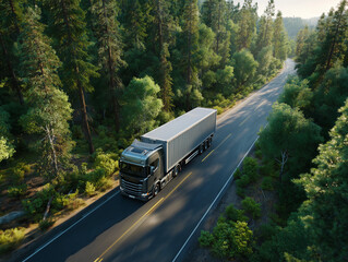 Semi truck driving on highway through green forest