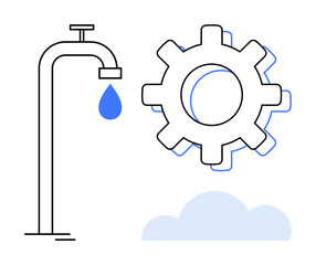 Water faucet with blue drop, gear symbolizing operations, and cloud. Ideal for automation, efficiency, water management, technology, resource optimization eco-innovation cloud infrastructure. A