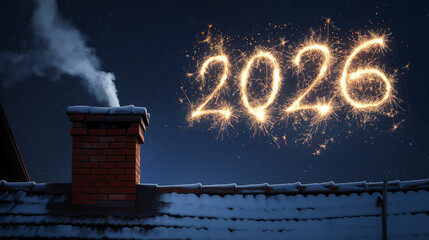 The roof of a house with a smoking chimney under the light of fireworks forming the New Year's number 2026