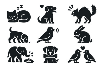 Obraz premium Cute animal and pet silhouette icon set. Black vector collection of cat, dog, bird, rabbit, and elephant characters.