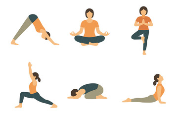 Woman in yoga poses vector illustration set. Collection of asanas for fitness, wellness, and meditation.