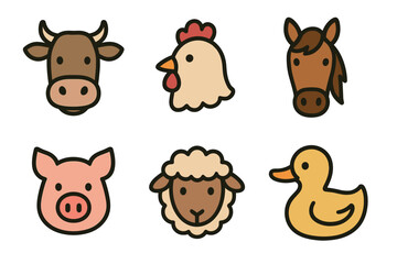 Cute farm animal heads cartoon icon set. Vector collection of cow, chicken, horse, pig, and sheep faces.