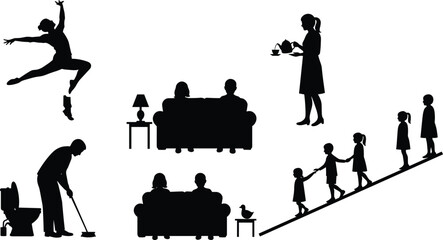 Family silhouettes, house chores, parents with children, woman serving tea, man cleaning, kids walking, ballet dancer, home lifestyle illustration, domestic life