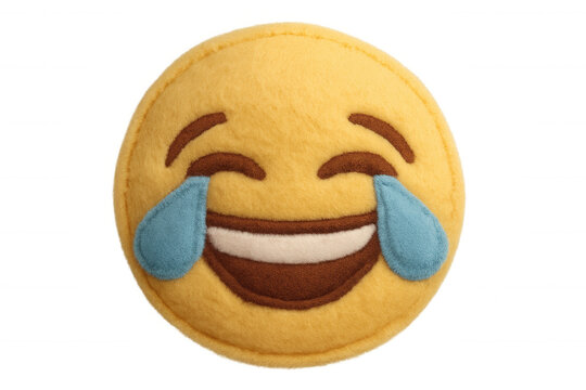 Laughing tears of joy emoji pillow expressing happiness and humor, social media communication fun concept