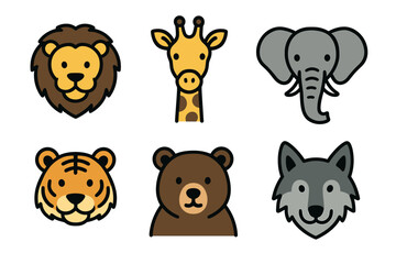 Obraz premium Wild animal heads cute cartoon vector icon set. Collection of lion, giraffe, elephant, and tiger faces.