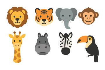 Fototapeta premium Cute jungle and safari animal heads vector set. Collection of flat design lion, tiger, elephant, and monkey faces.