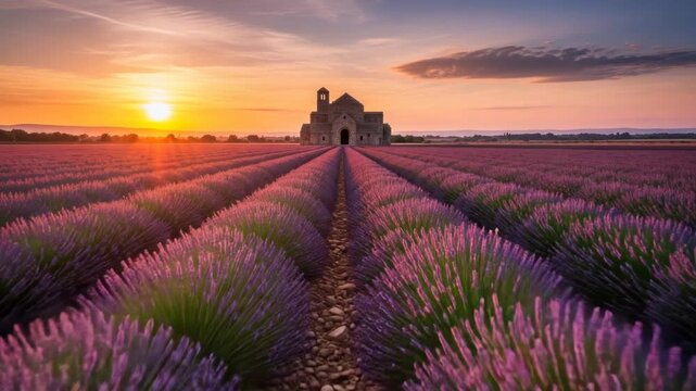 stone abbey stands majestically beyond vast lavender fields under vibrant sunset A rocky path guides through rows of purple blooms towards the ancient structure as warm light bathes the landscape