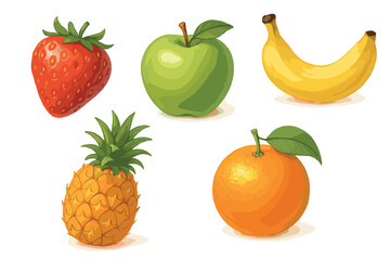 Fresh fruits realistic vector illustration set. Painterly style collection of strawberry, apple, banana, and pineapple.