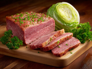 Corned beef brisket slices with cabbage and parsley on board