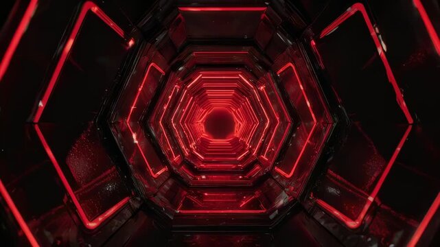 A perspective view down a hexagonal illuminated tunnel with reflective surfaces and glowing red lines