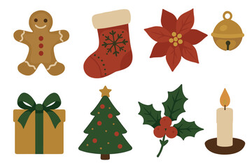 Fototapeta premium Christmas and winter holiday elements vector illustration set. Hand drawn collection of festive traditional symbols.