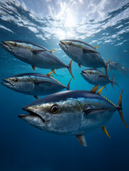 Naklejka premium Tuna fish swimming in a school underwater with sunlight
